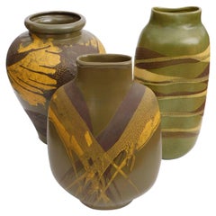 Retro Set of 3 American 1960s Royal Haeger Olive-Green Glazed Ceramic Vases