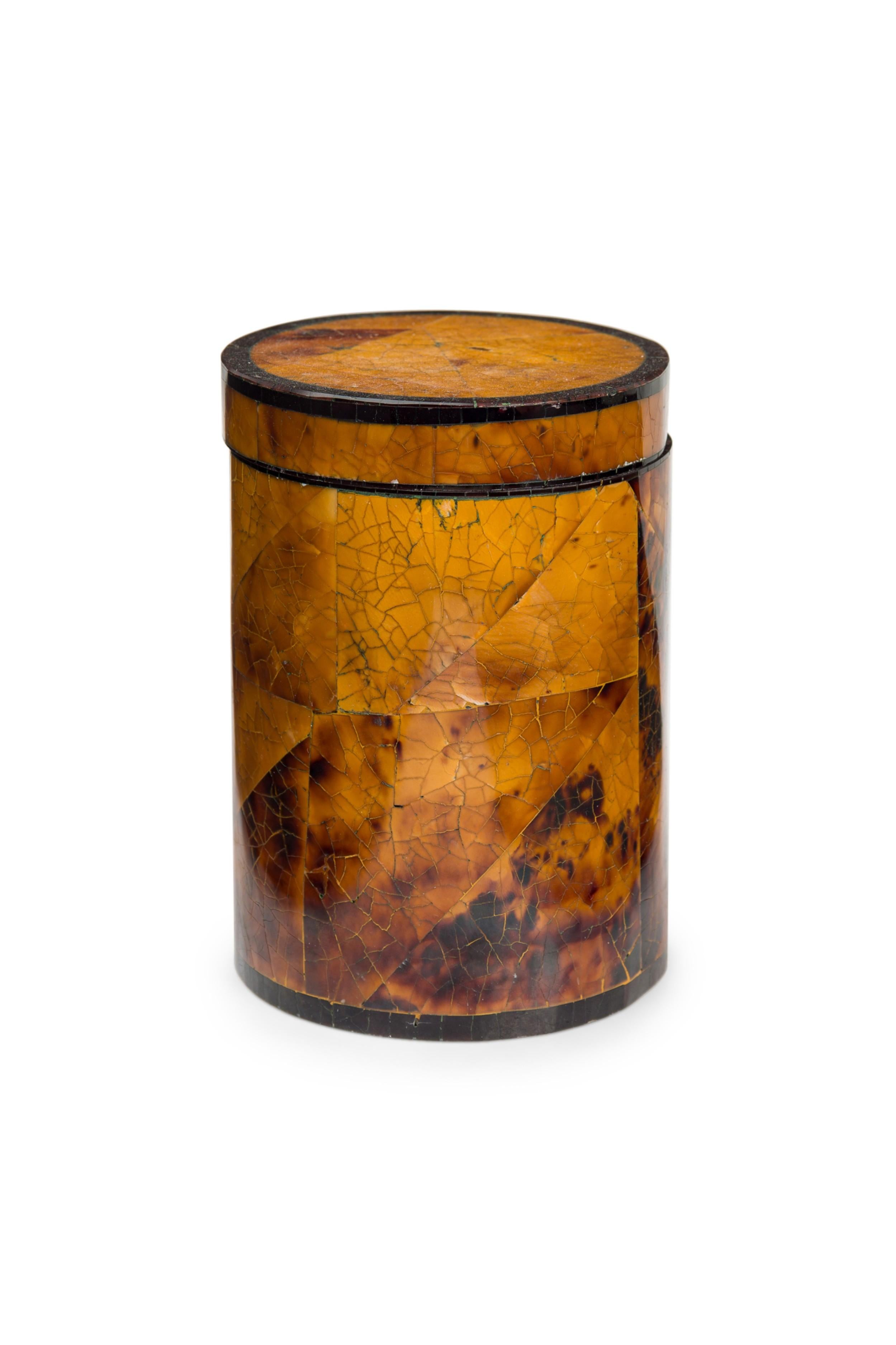 SET of 3 American Mid-Century (1970s) tiger eye veneer desk accessories featuring a square pencil holder, rectangular paperclip box, and a ciylindrical container with cover (PRICED AS SET)