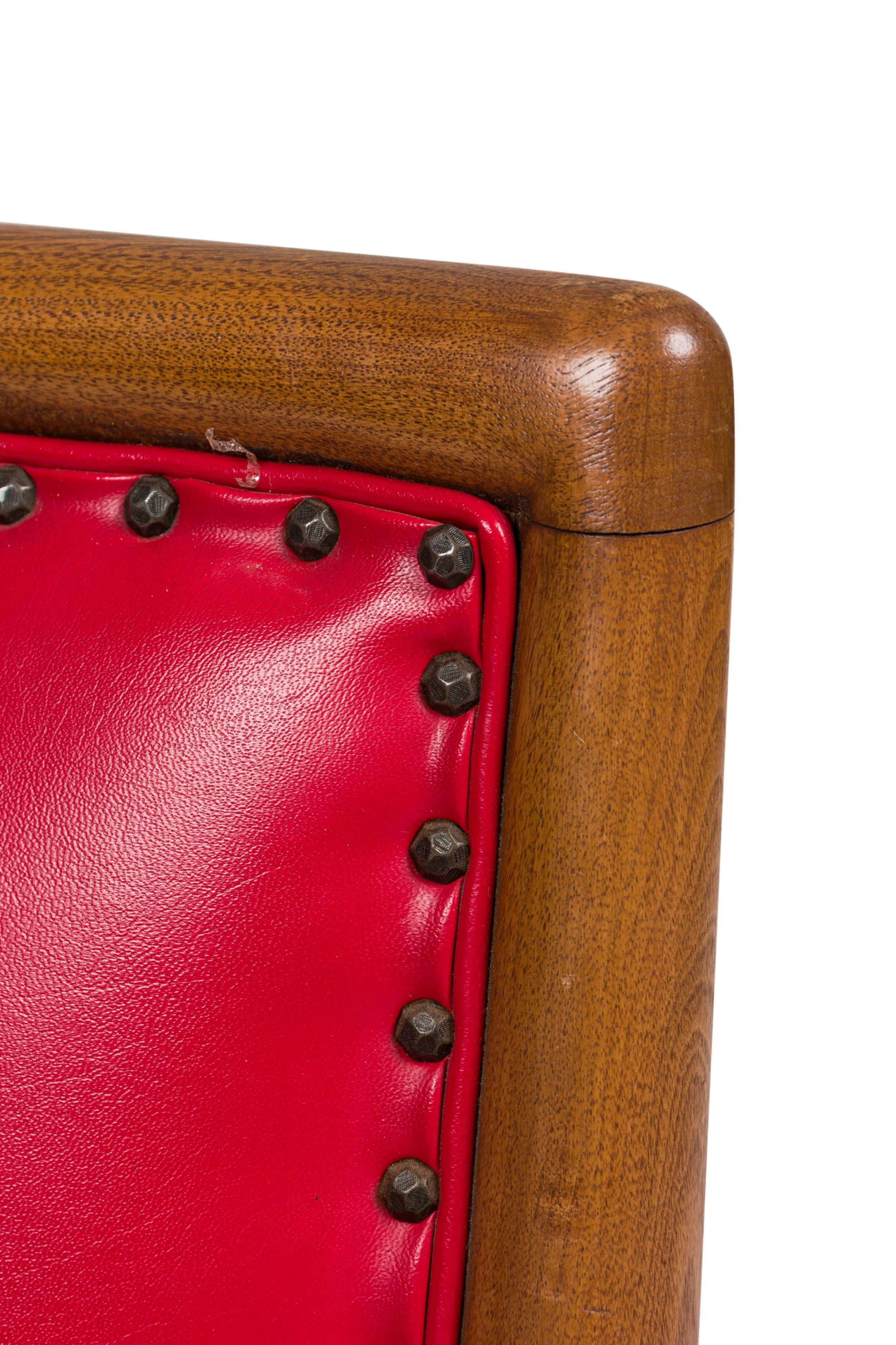 Set of 3 American Mid-Century Walnut and Red Leather Armchairs (Messing) im Angebot