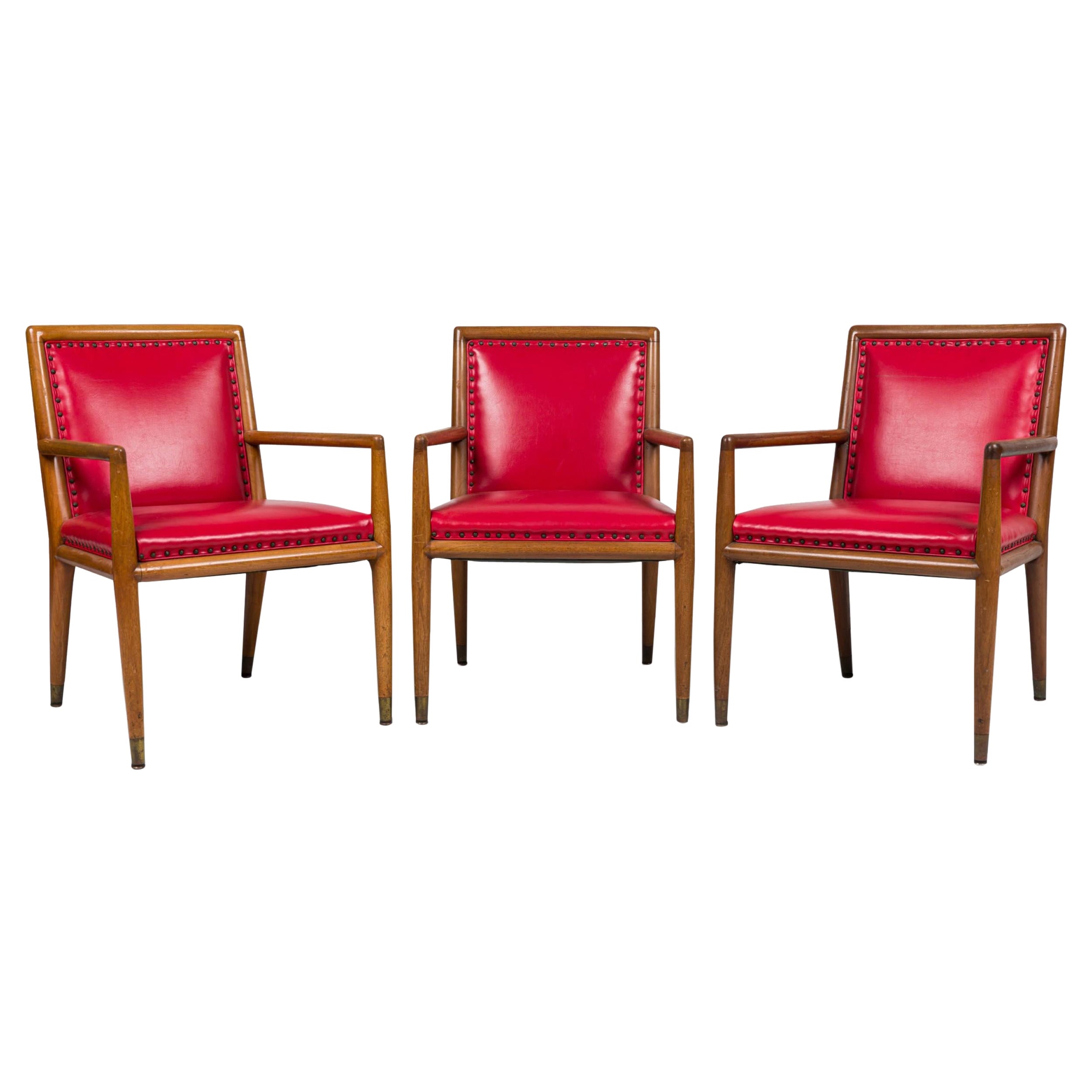 Set of 3 American Mid-Century Walnut and Red Leather Armchairs