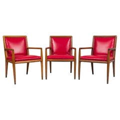 Set of 3 American Mid-Century Walnut and Red Leather Armchairs