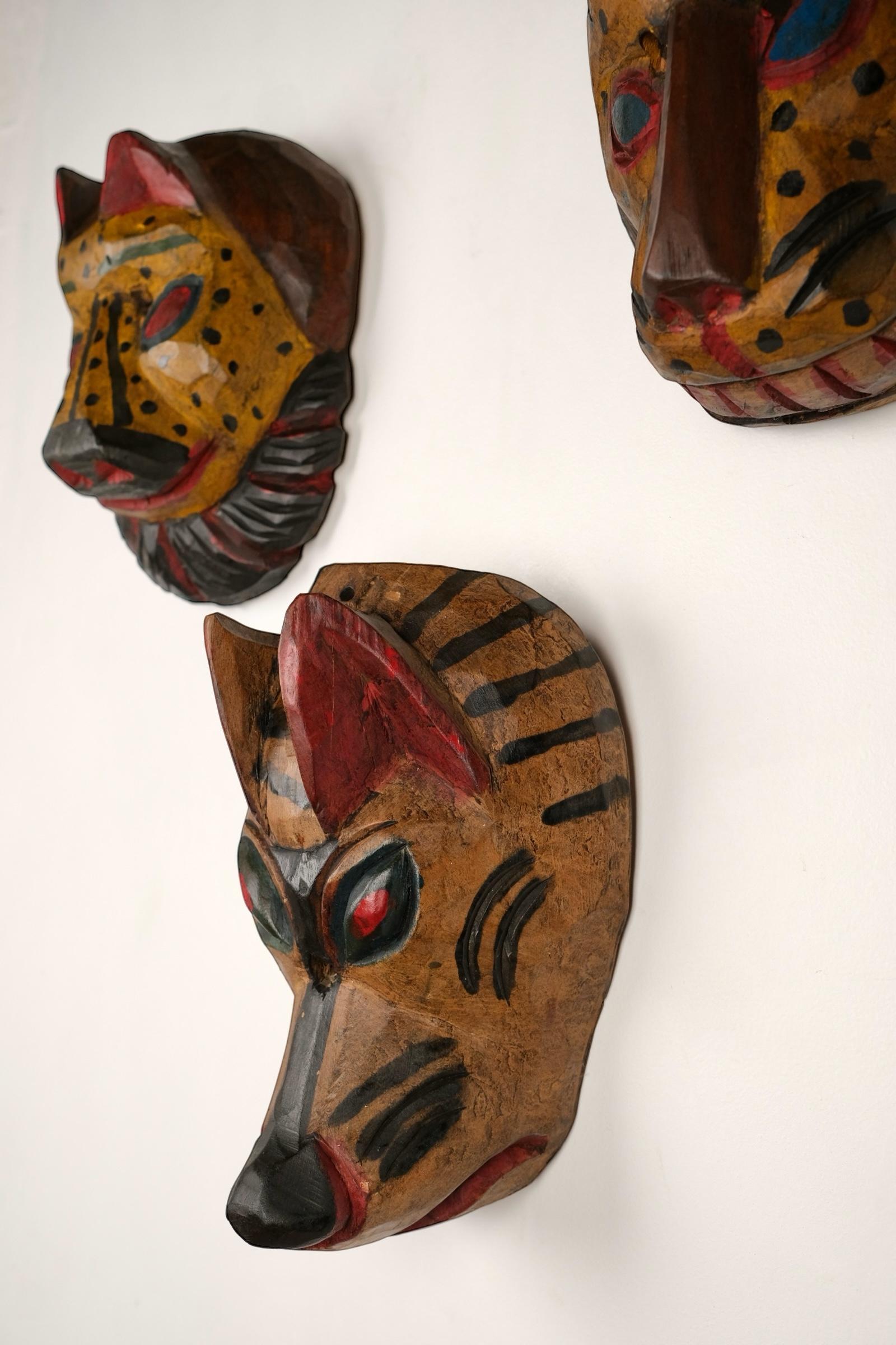 Hand-Carved Set of 3 animal masks in wood, Guatemala, 1980s