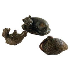 Set von 3 Tierskulpturen, Bronze, schwarz-braun, Frankreich 1900