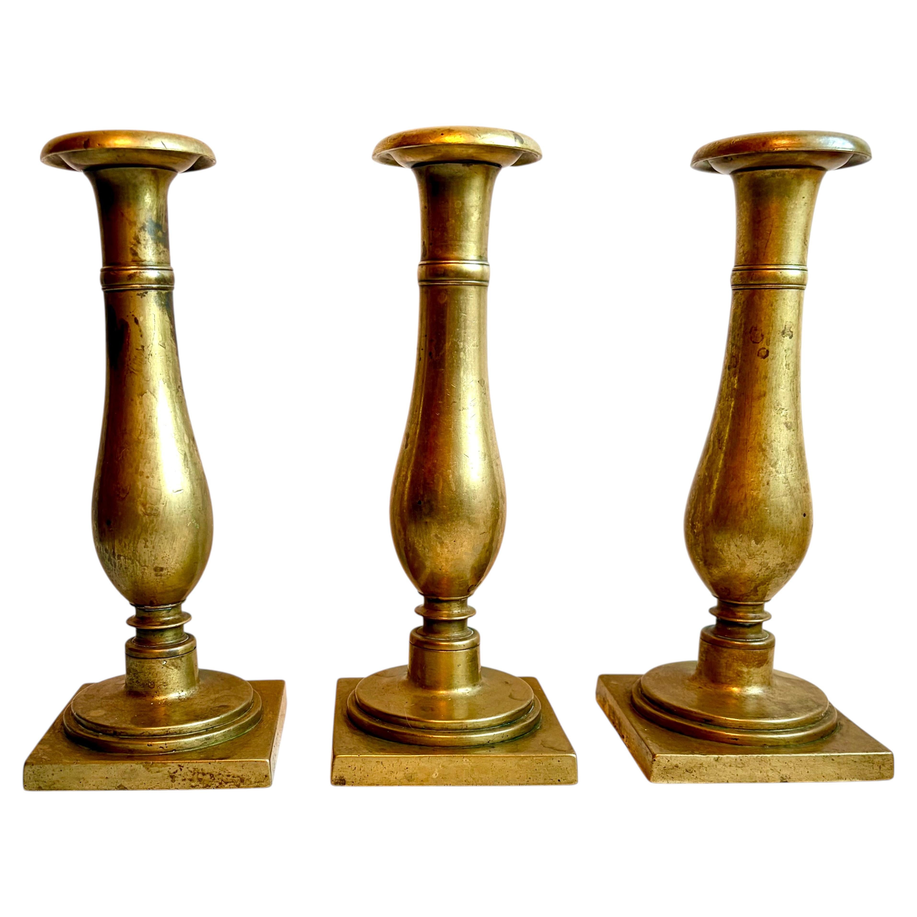 Set of (3) Antique 18th-Century Colonial Brass Candlesticks with Original Patina