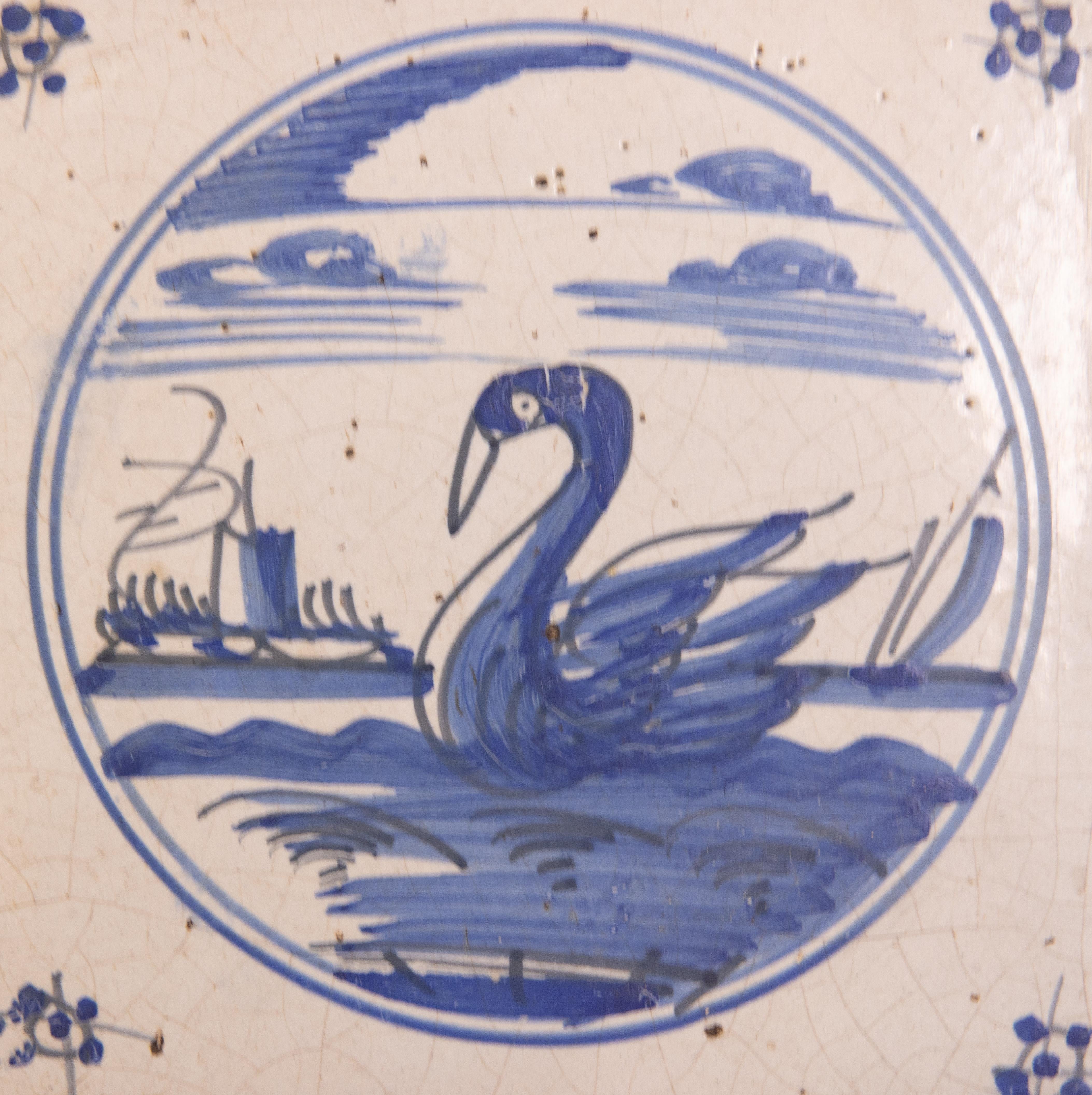 Set of 3 Antique 18th Century Dutch Delft Faience Swans Framed Tiles  In Good Condition For Sale In Pearland, TX