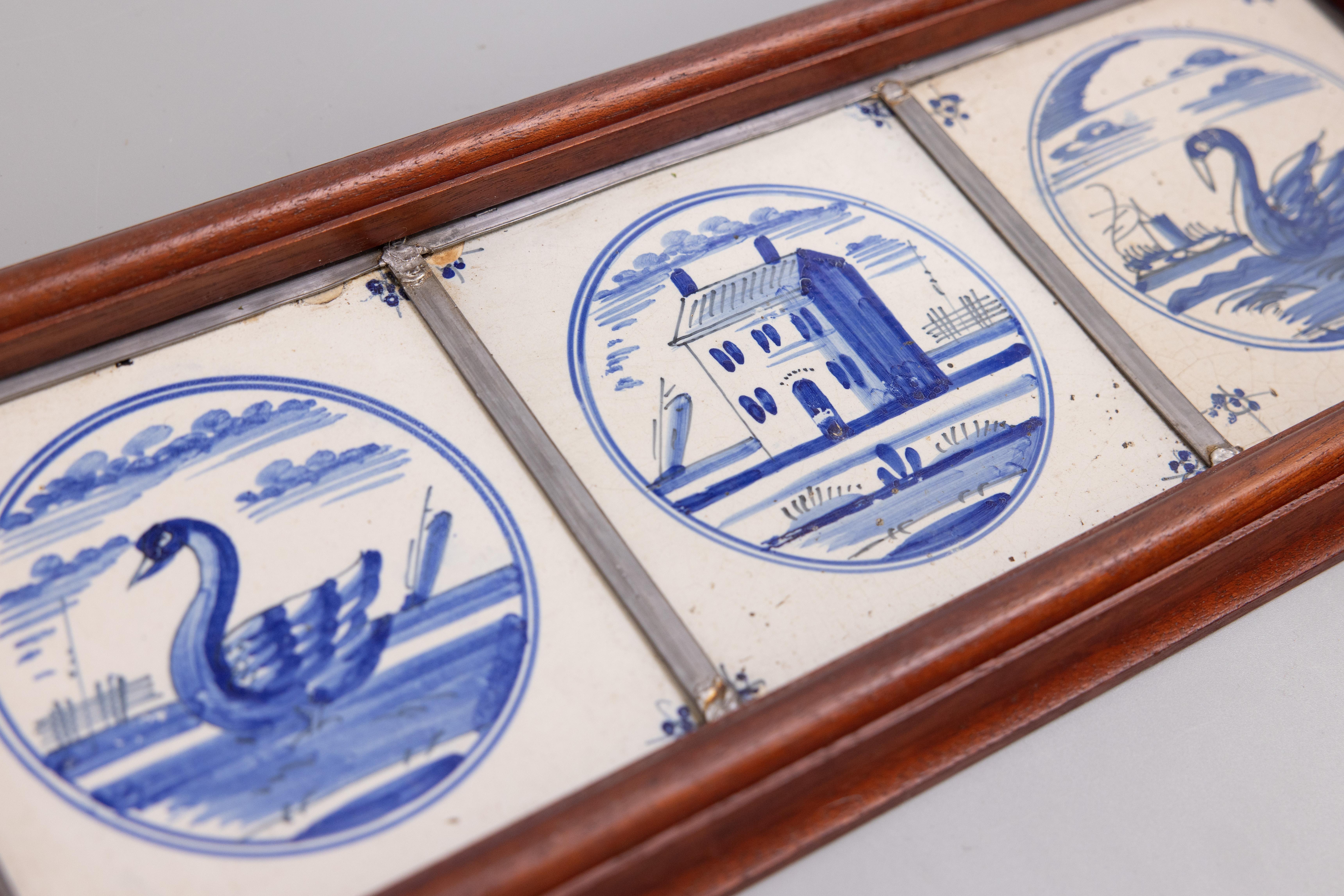 18th Century and Earlier Set of 3 Antique 18th Century Dutch Delft Faience Swans Framed Tiles  For Sale