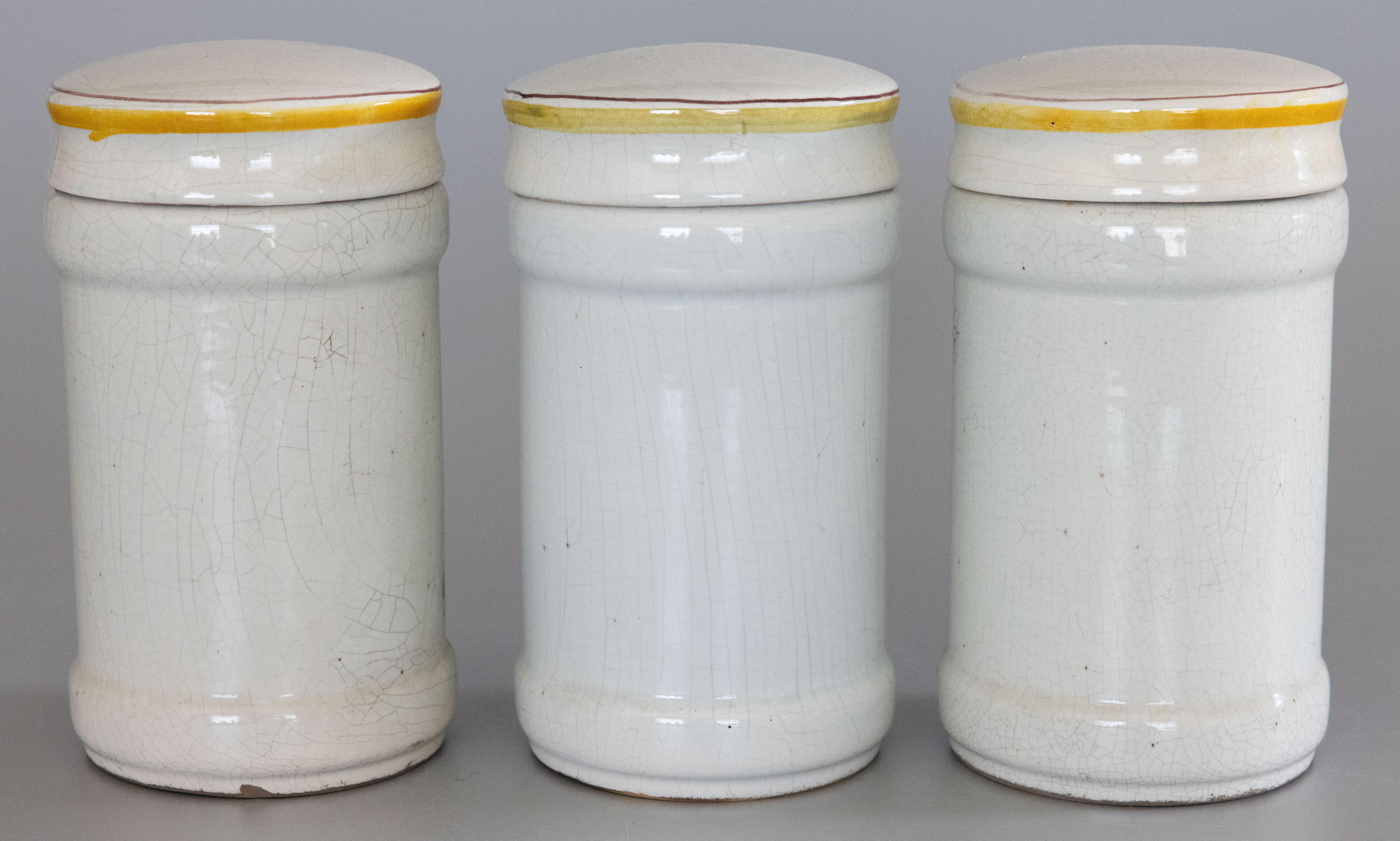 Set of 3 Antique 19th Century French Faience Albarello Apothecary Jars In Good Condition For Sale In Pearland, TX