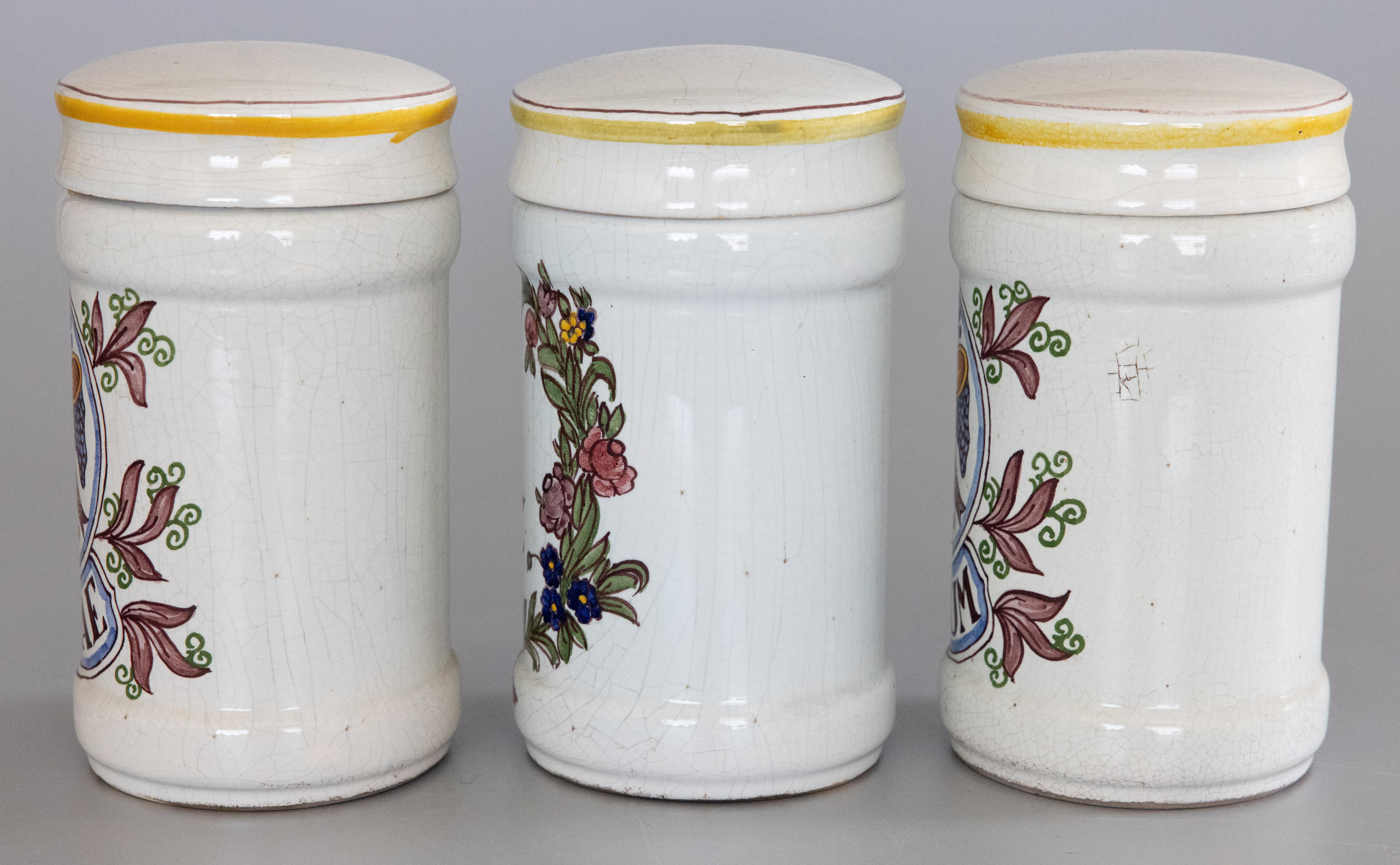 Set of 3 Antique 19th Century French Faience Albarello Apothecary Jars For Sale 1