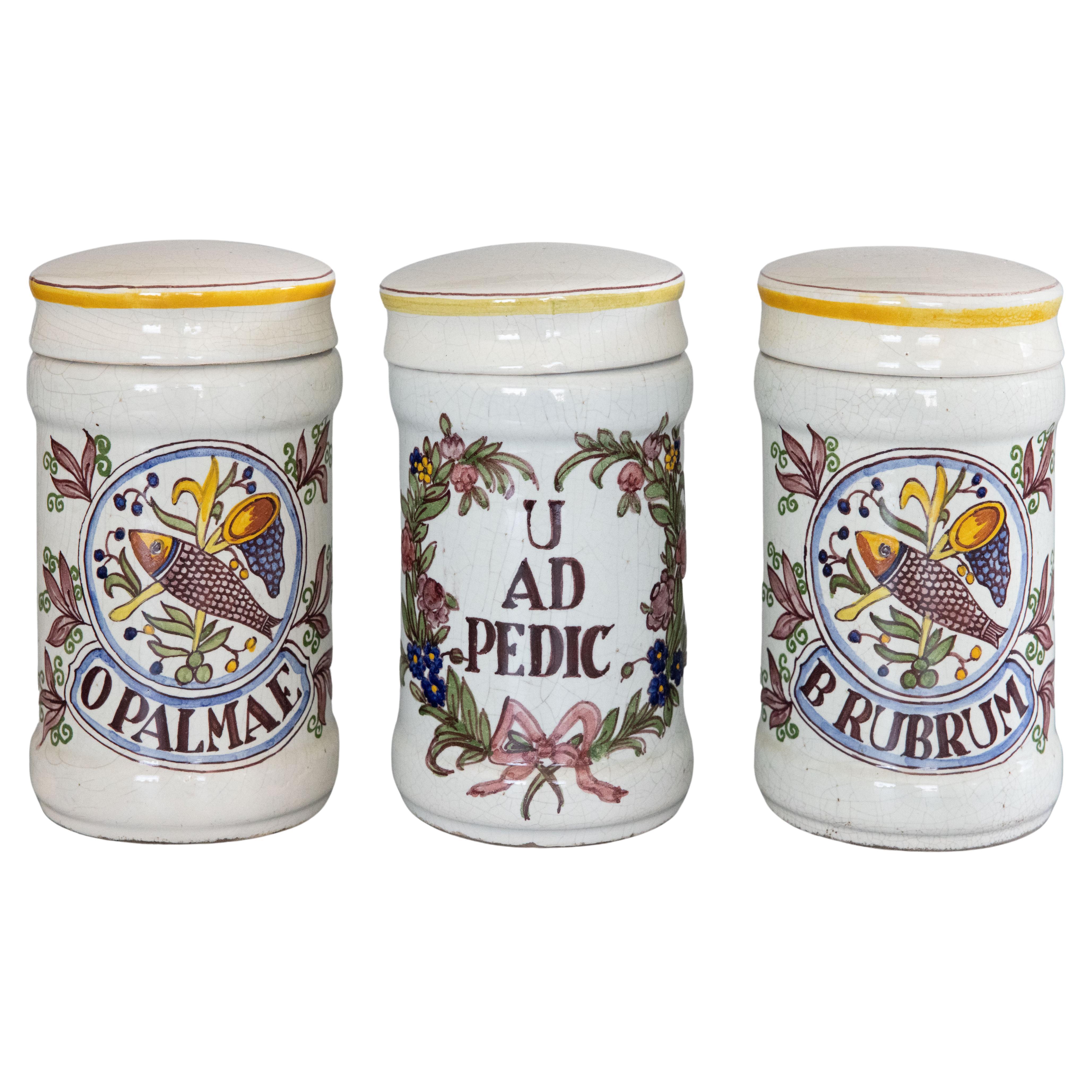 Set of 3 Antique 19th Century French Faience Albarello Apothecary Jars