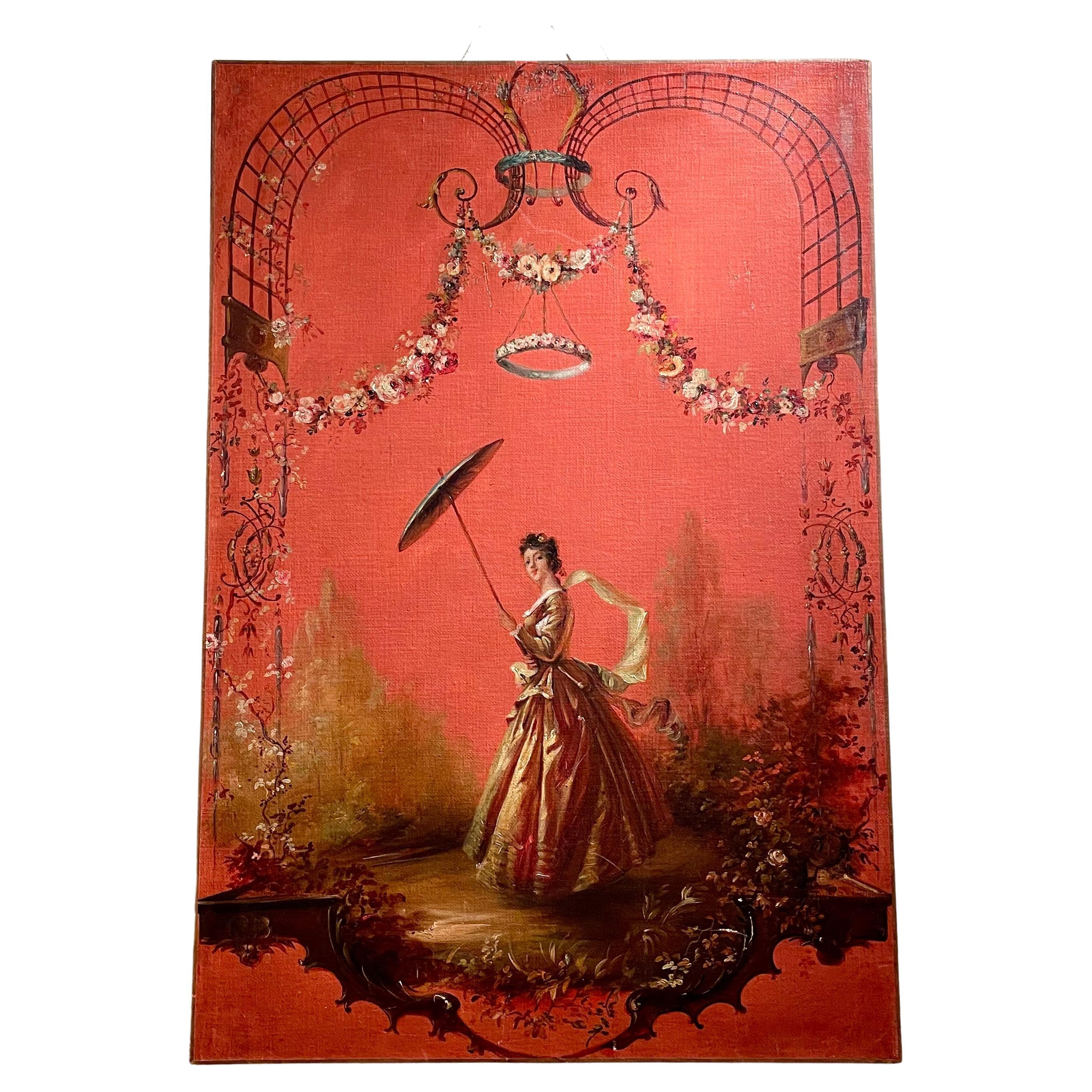 Chinoiseries Ensemble de 3 panneaux anciens du 19e siècle en ocre rouge à motifs de chinoiseries en vente