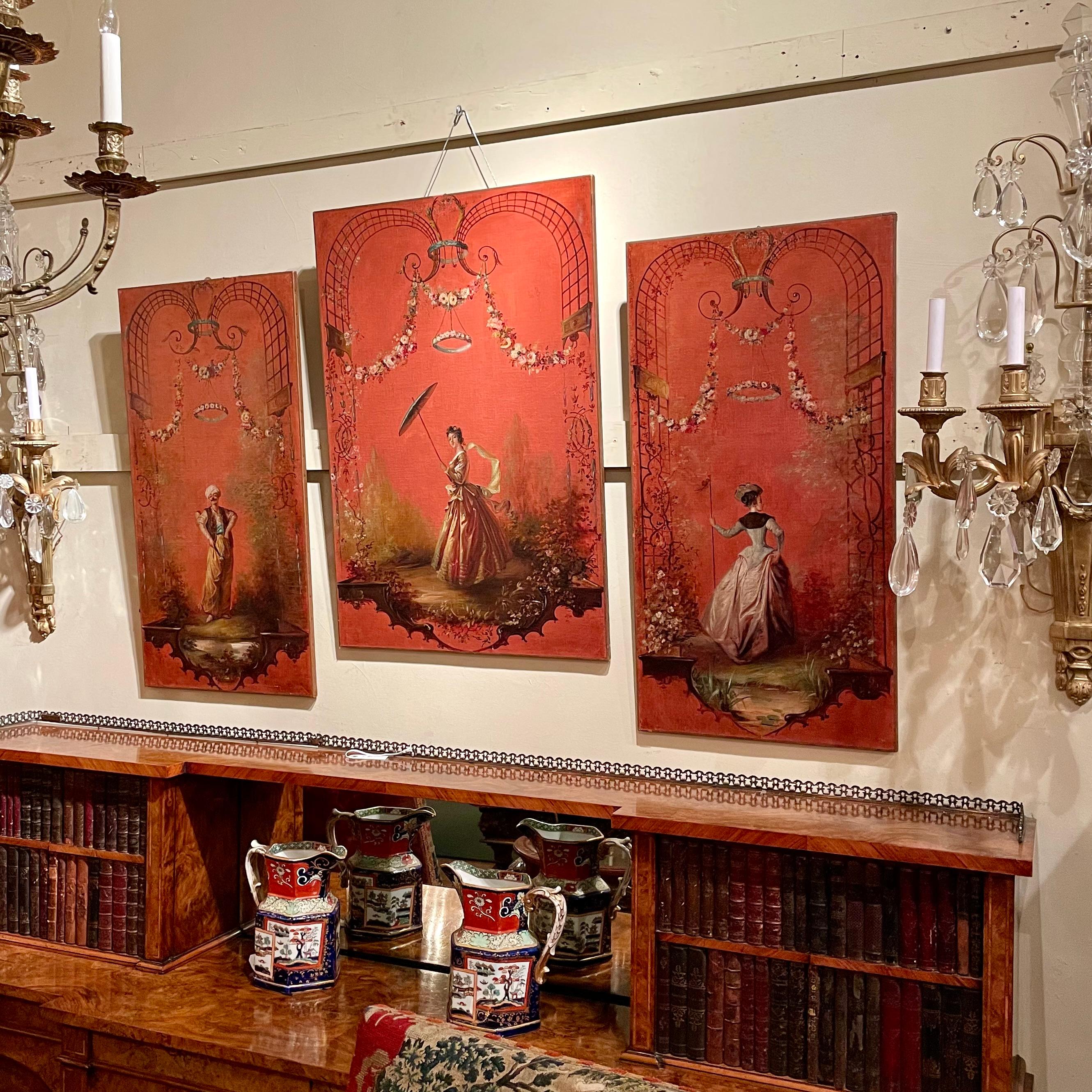 Ensemble de 3 panneaux anciens du 19e siècle en ocre rouge à motifs de chinoiseries Bon état - En vente à New Orleans, LA