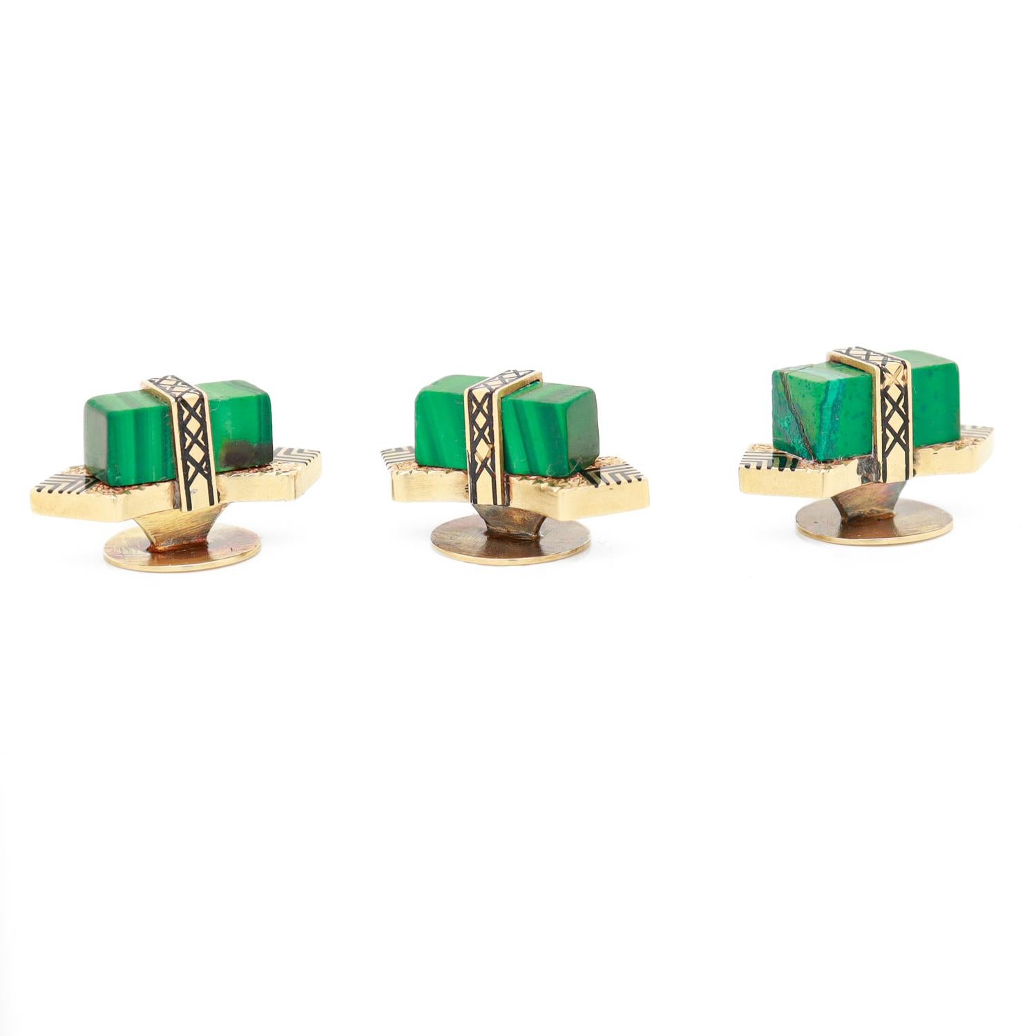 Set von 3 antiken Art-Déco-Smoking-Hemdknöpfen aus 14 Karat Gold, Emaille und Malachit mit Malachit (Art déco) im Angebot