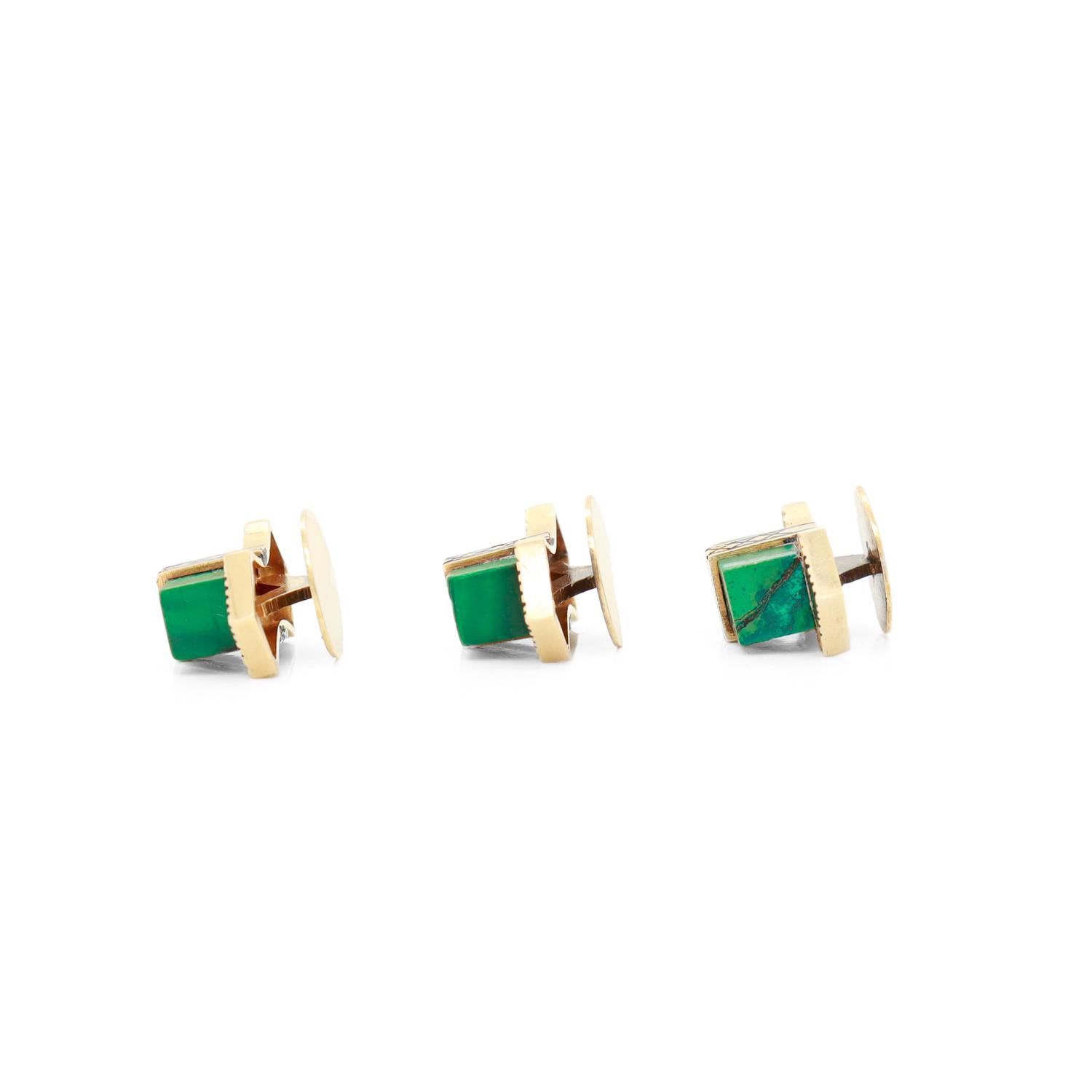 Set von 3 antiken Art-Déco-Smoking-Hemdknöpfen aus 14 Karat Gold, Emaille und Malachit mit Malachit (Cabochon) im Angebot
