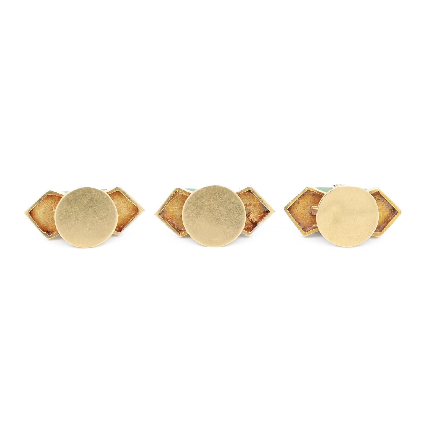 Set von 3 antiken Art-Déco-Smoking-Hemdknöpfen aus 14 Karat Gold, Emaille und Malachit mit Malachit im Zustand „Relativ gut“ im Angebot in Philadelphia, PA