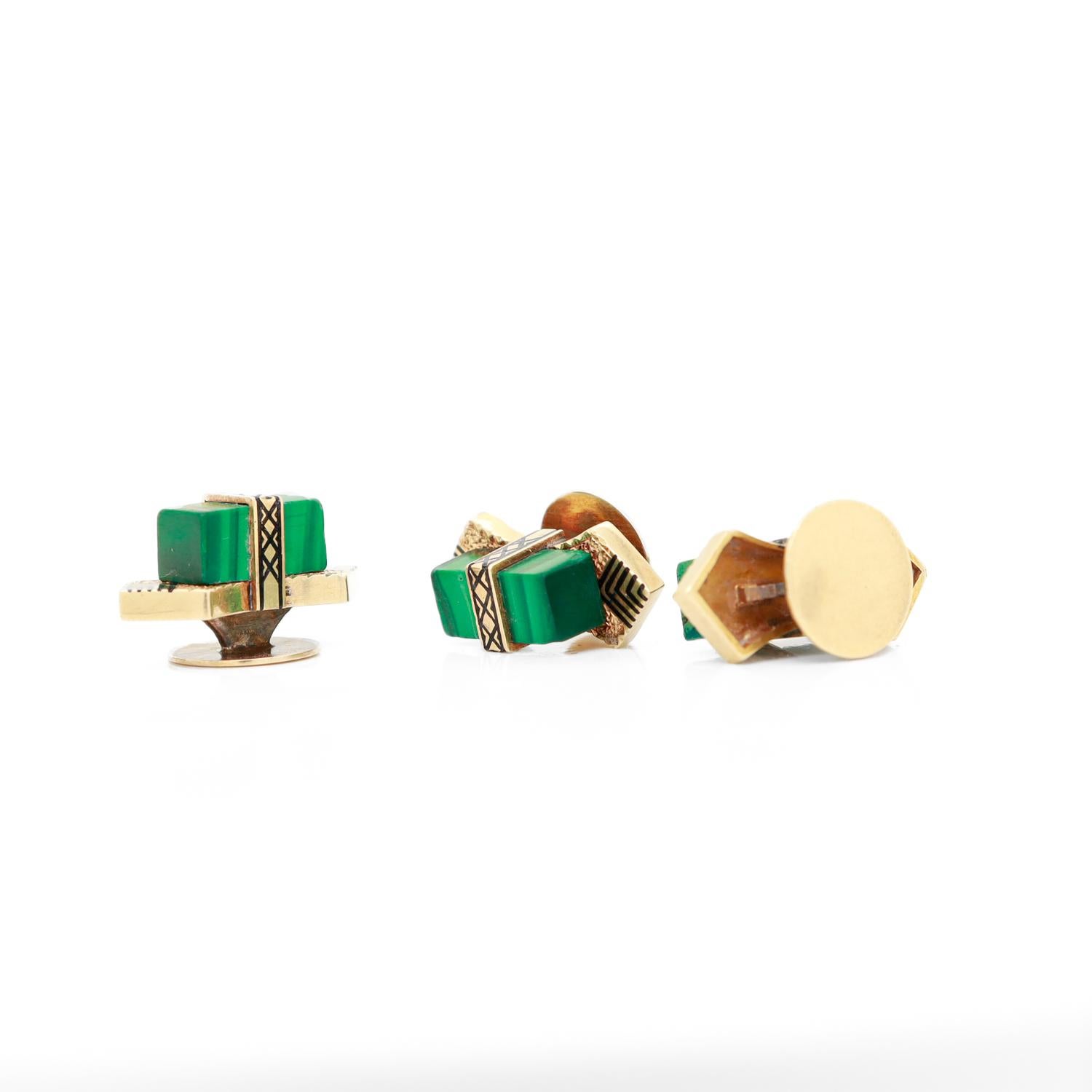 Set von 3 antiken Art-Déco-Smoking-Hemdknöpfen aus 14 Karat Gold, Emaille und Malachit mit Malachit im Angebot 1