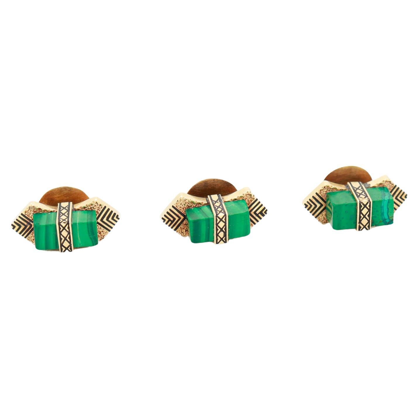 Set of 3 Antique Art Deco 14K Gold, Enamel, & Malachite Tuxedo Shirt Buttons