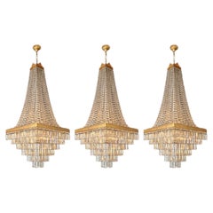 Juego de 3 lámparas de araña antiguas de cristal Art Decó Lámpara de araña escalonada de latón restaurada