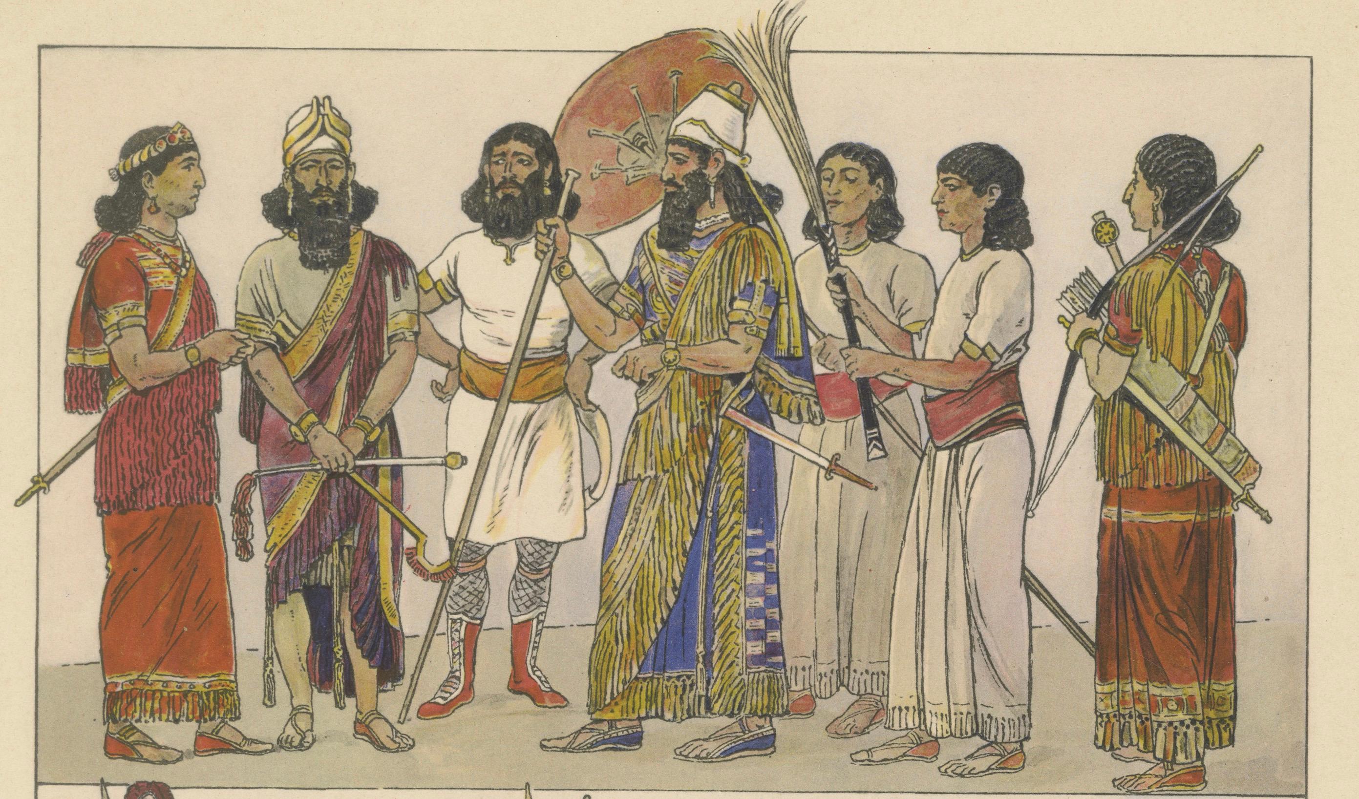 Satz von 3 antiken assyrischen Kostüm- und Kulturtafeln von Max Tilke, um 1900 (Frühes 20. Jahrhundert) im Angebot