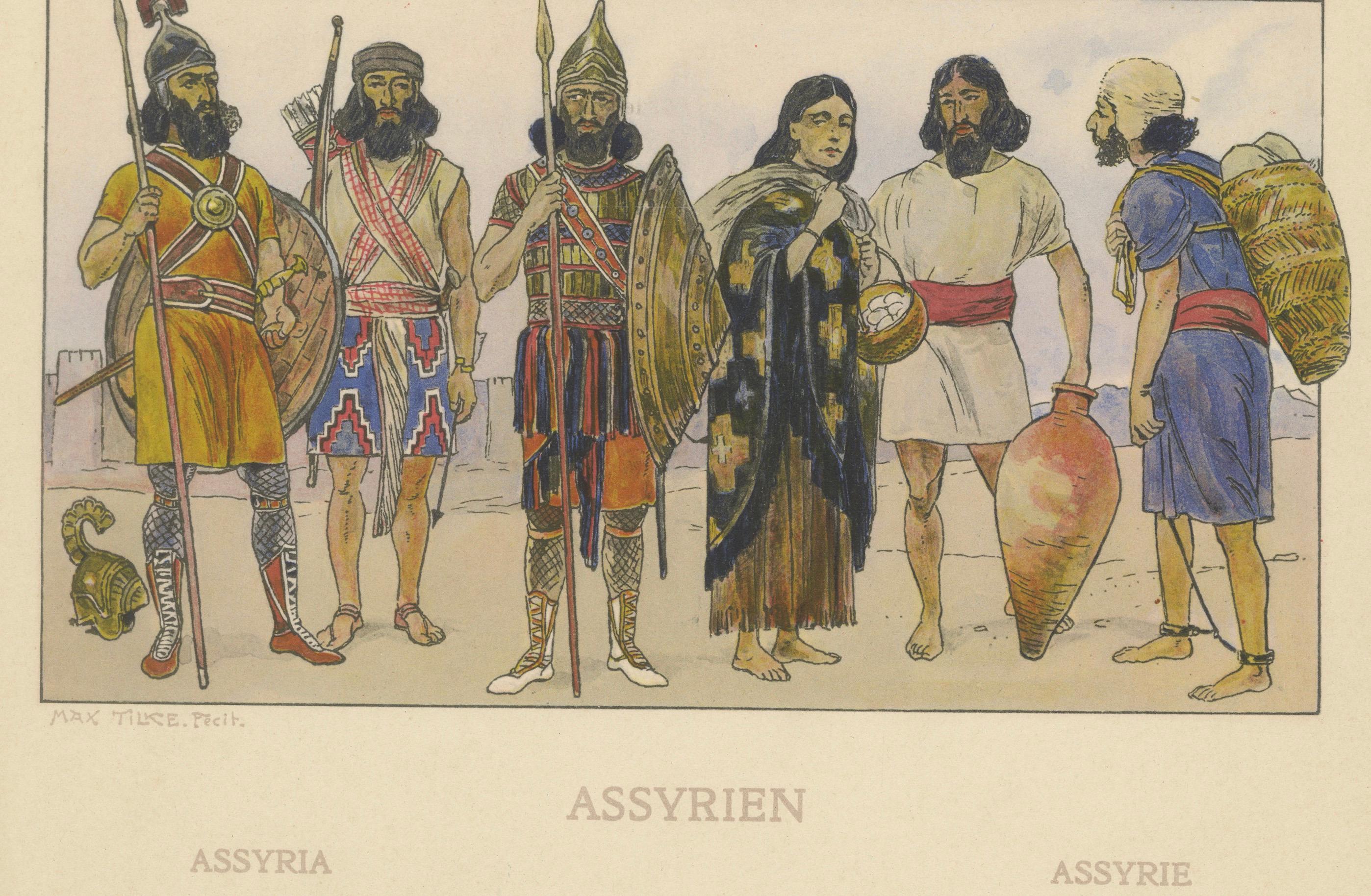 Satz von 3 antiken assyrischen Kostüm- und Kulturtafeln von Max Tilke, um 1900 (Papier) im Angebot