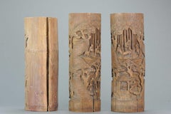 Ensemble de 3 gobelets à crayon en bambou anciens Miroirs chinois de la fin du Qing, vers 1900