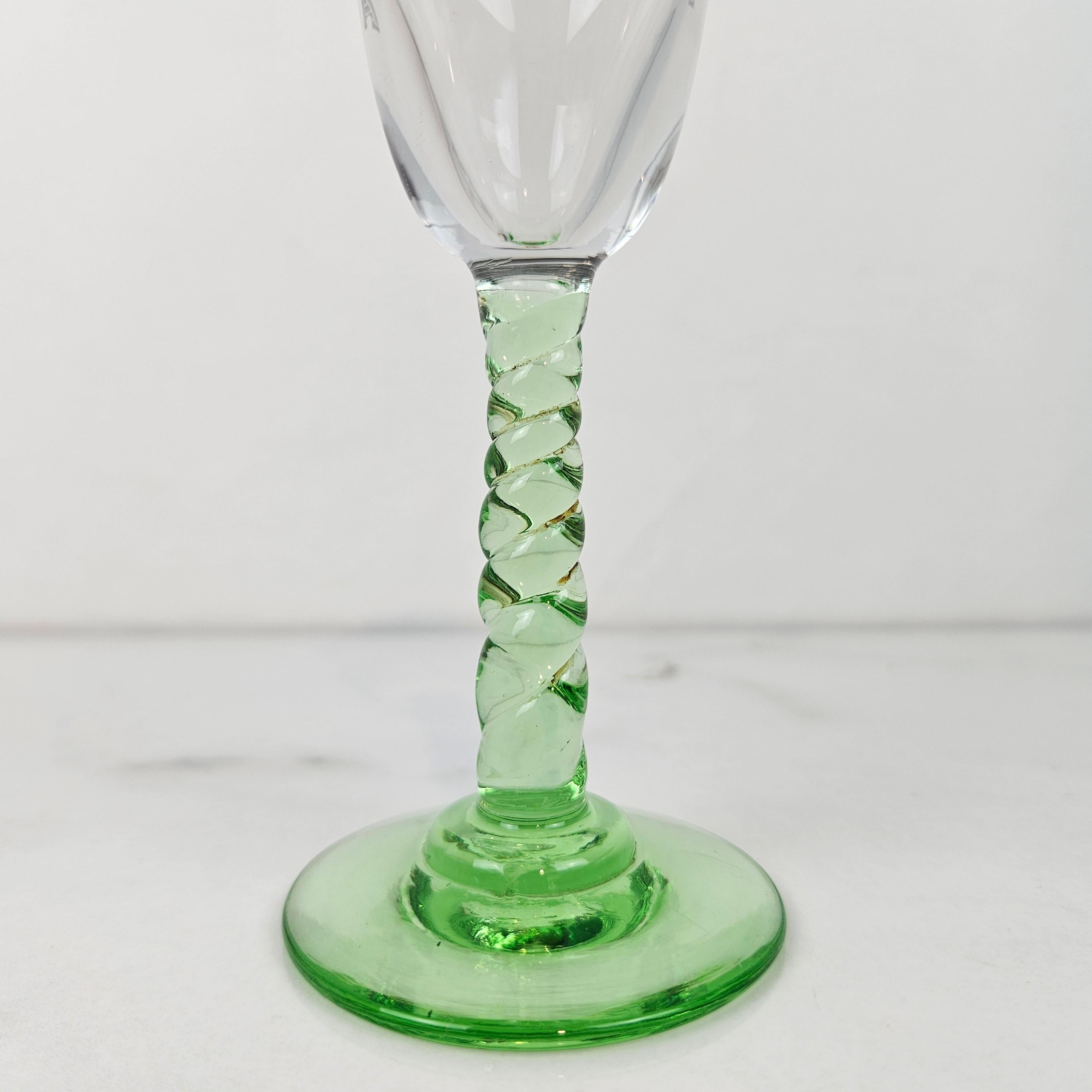 Blown Glass Set of 3 Antique “Blé d’Or” Engraved Jenever Glasses with Twisted Stem, 1900's For Sale