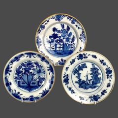 Set of 3 Antique Blue and White Delft Plates Hand Painted Netherlands Ca. 1800