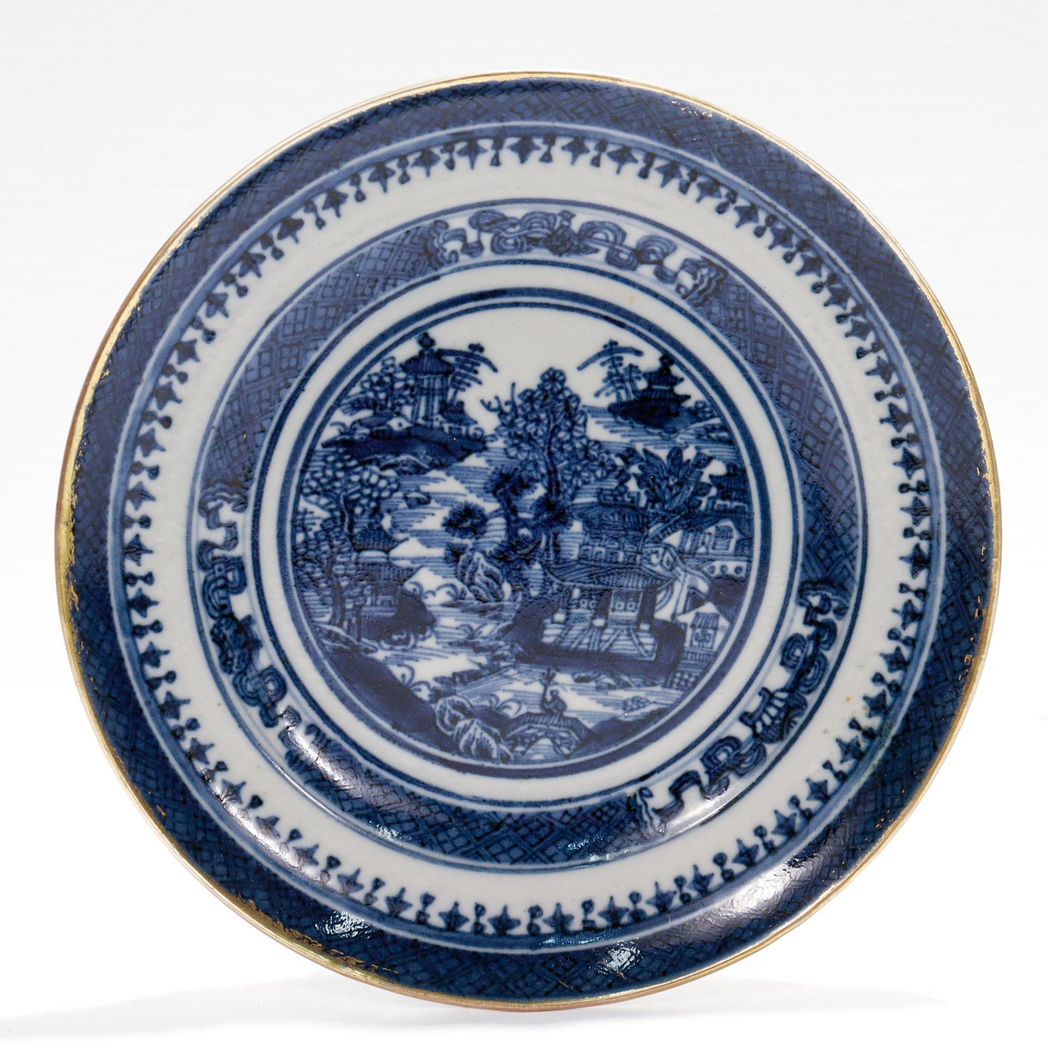 Set of 3 Antique Blue & White Chinese Export Nanking Porcelain Saucers or Plates In Good Condition For Sale In Philadelphia, PA