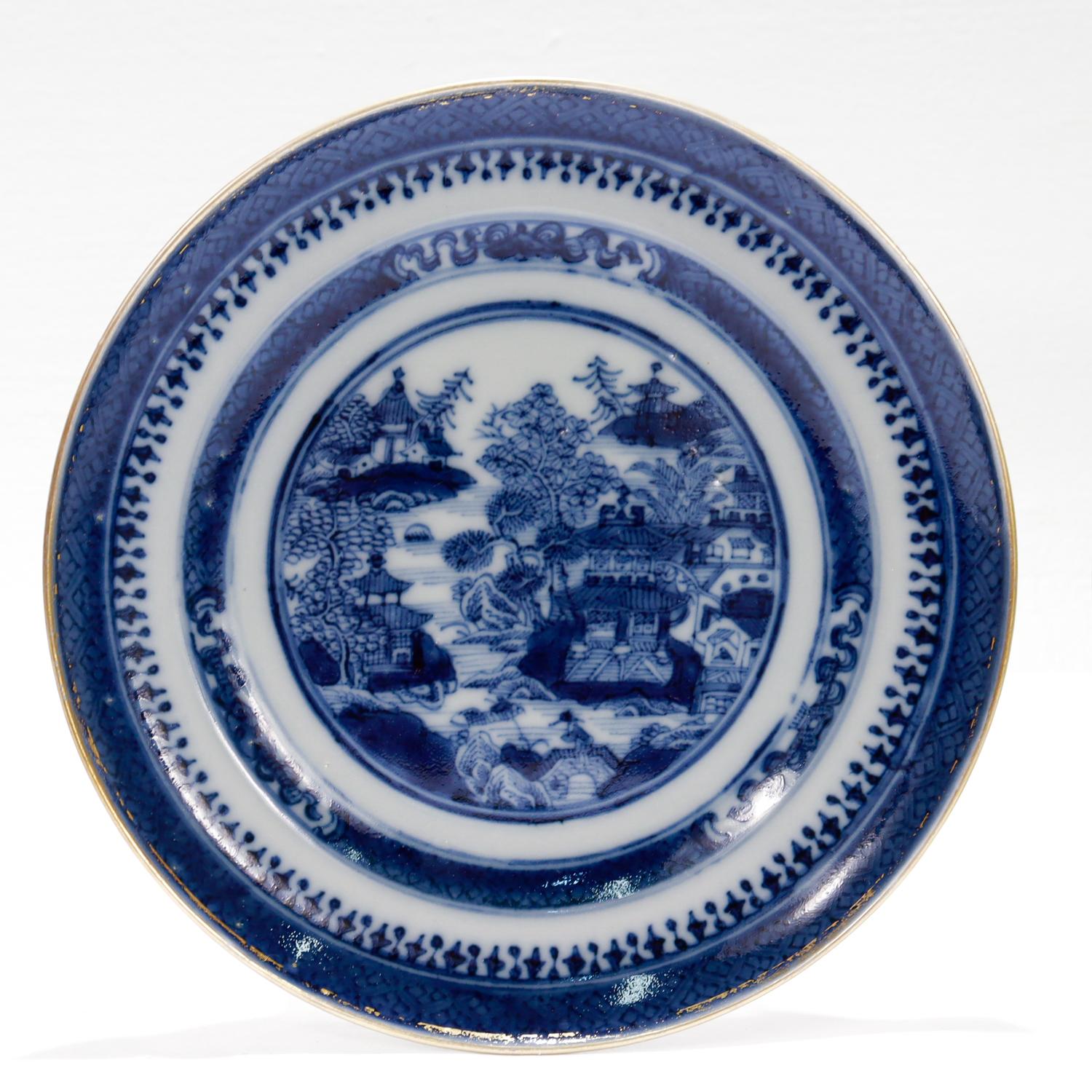 19th Century Set of 3 Antique Blue & White Chinese Export Nanking Porcelain Saucers or Plates For Sale