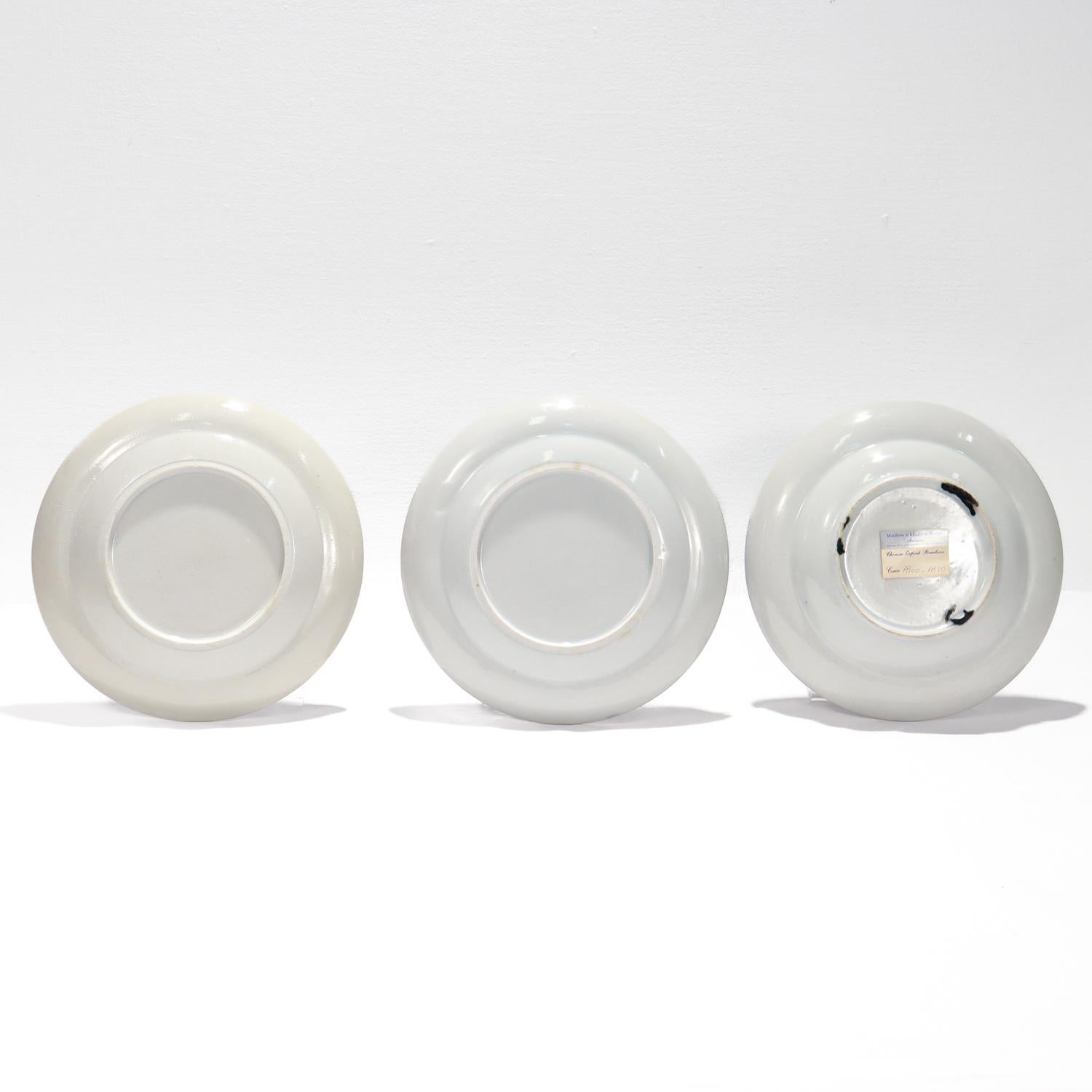 Set of 3 Antique Blue & White Chinese Export Nanking Porcelain Saucers or Plates For Sale 1