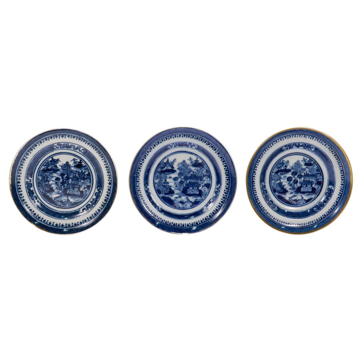 Set of 3 Antique Blue & White Chinese Export Nanking Porcelain Saucers or Plates