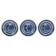 Set of 3 Antique Blue & White Chinese Export Nanking Porcelain Saucers or Plates