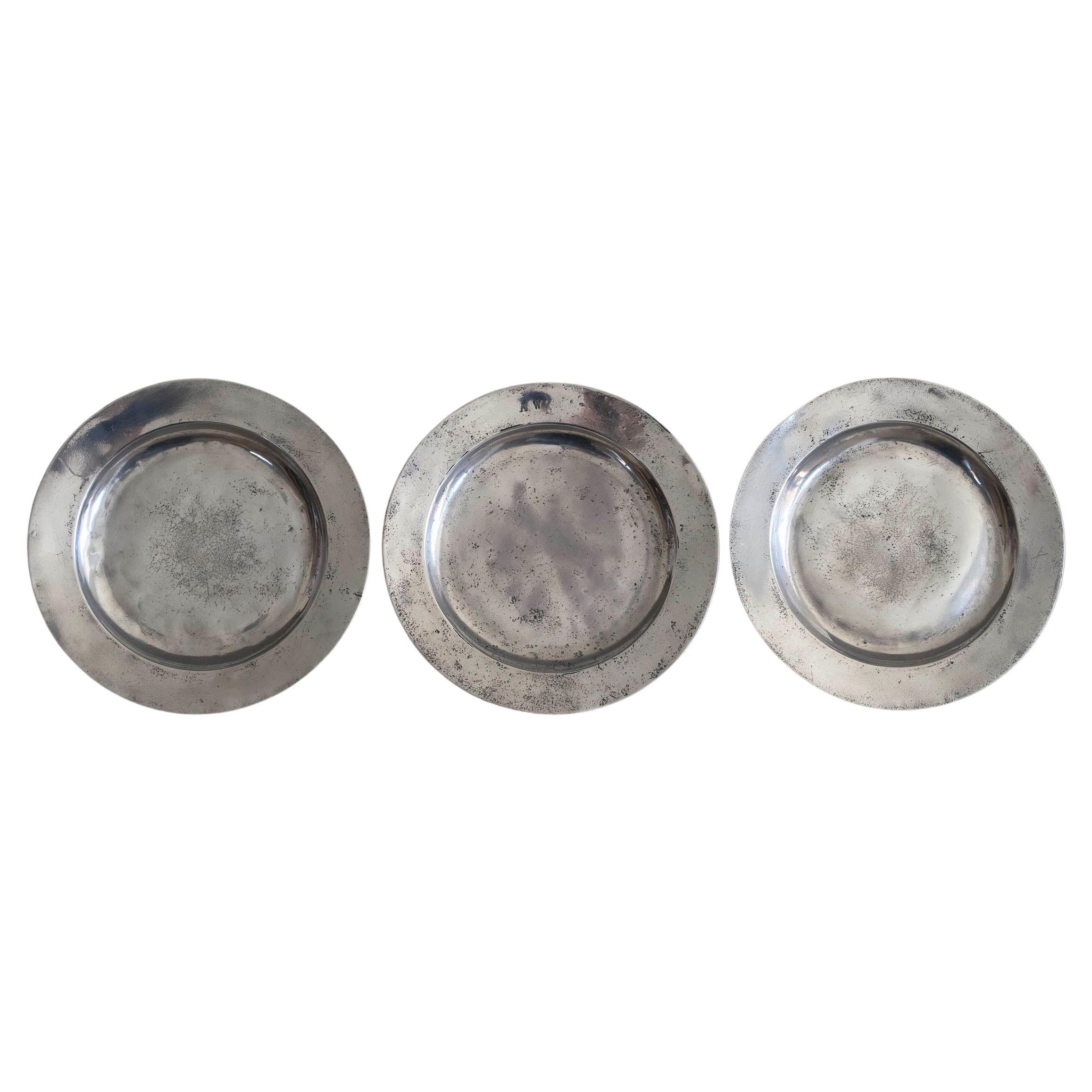 Set of 3 Antique Brightly Polished Pewter Plates, English, C.1800 For Sale