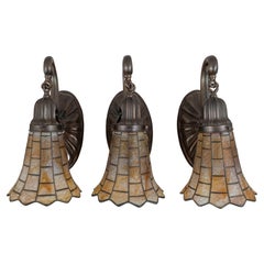 Set of 3 Antique Bronze Arts & Crafts Sconces w/ Slag Glass Shades by Kokomo Co.