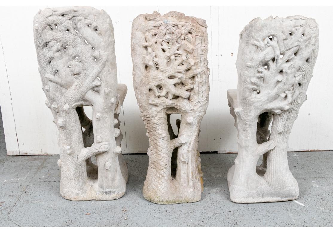 Set Of 3 Antique Carved Limestone Faux Bois Garden Chairs 15