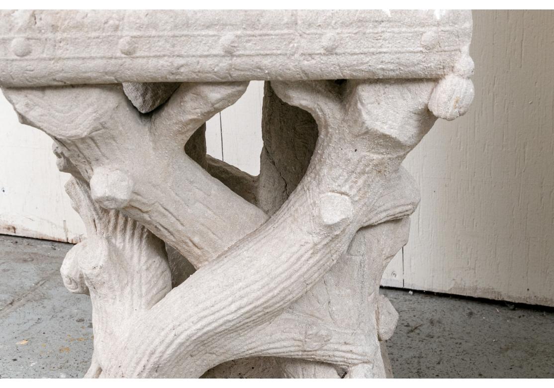 Set Of 3 Antique Carved Limestone Faux Bois Garden Chairs 1