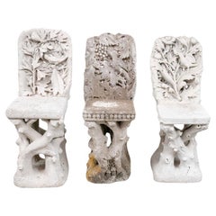 Set Of 3 Antique Carved Limestone Faux Bois Garden Chairs