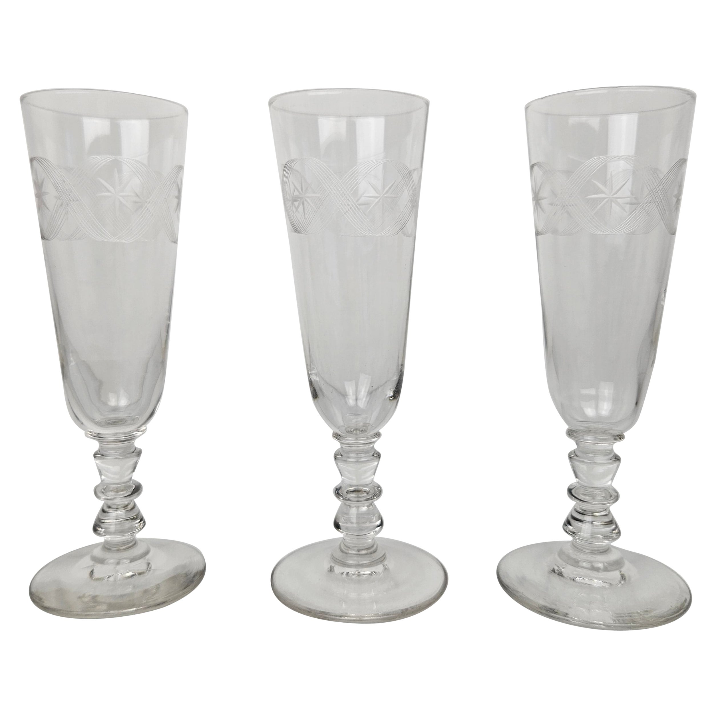 Set of 3 Antique Champagne Flutes with Etched Star Pattern, Circa 1890's