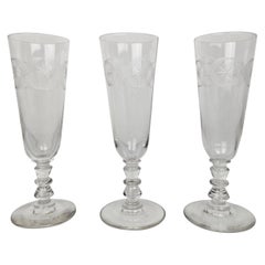 Set of 3 Antique Champagne Flutes with Etched Star Pattern, Circa 1890's