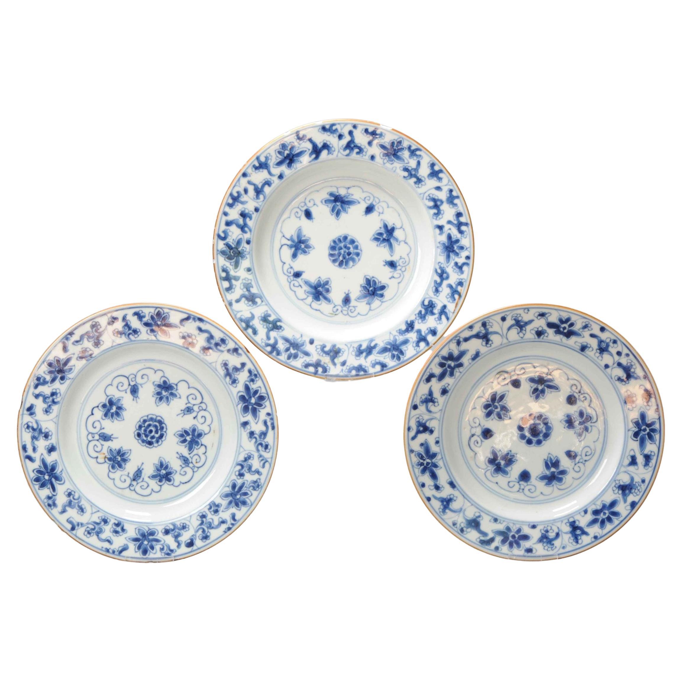 Set of 3 Antique Chinese Porcelain Blue White Dinner Plates, 18th C