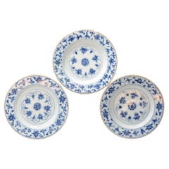 Set of 3 Antique Chinese Porcelain Blue White Dinner Plates, 18th C