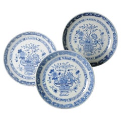 Set of 3 Antique Chinese Porcelain Blue & White Dinner Plates, 18th Century