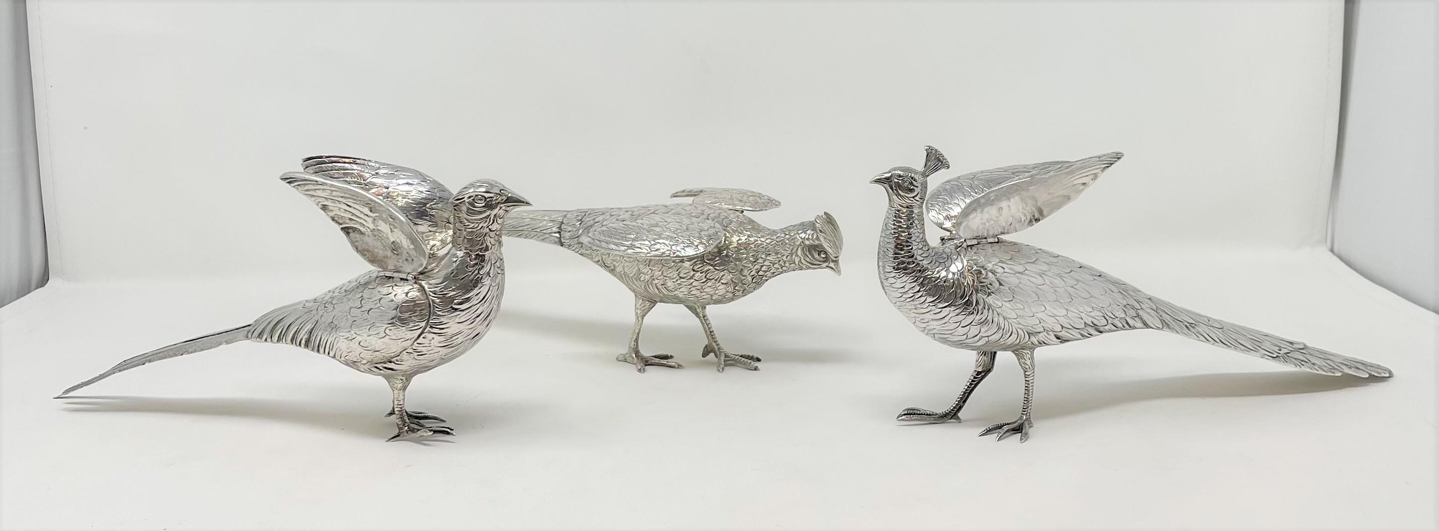 Set of 3 Antique Continental Silver (.800) Peacock Sculptures with Articulated Wings, Circa 1920-1940's.