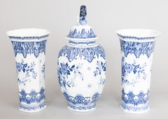 Set of 3 Antique Dutch Delft Floral Garniture Vases
