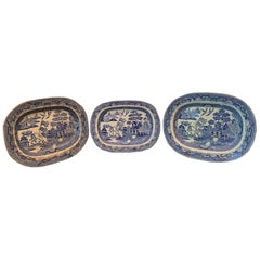 Set of 3 Antique English Blue Willow Staffordshire Platter Transferware