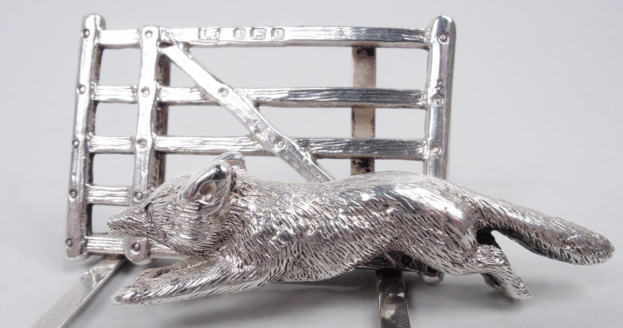 Set of 3 Antique English Edwardian Fox & Gate Place Card Holders (Sterlingsilber) im Angebot