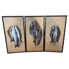 Set of 3, Antique English Trompe L'Oeil "Hunt & Gather" Oil On Canvas Paintings