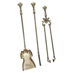 Set of 3 Antique Fireside Tools, English, Tongs, Poker, Art Nouveau, Victorian