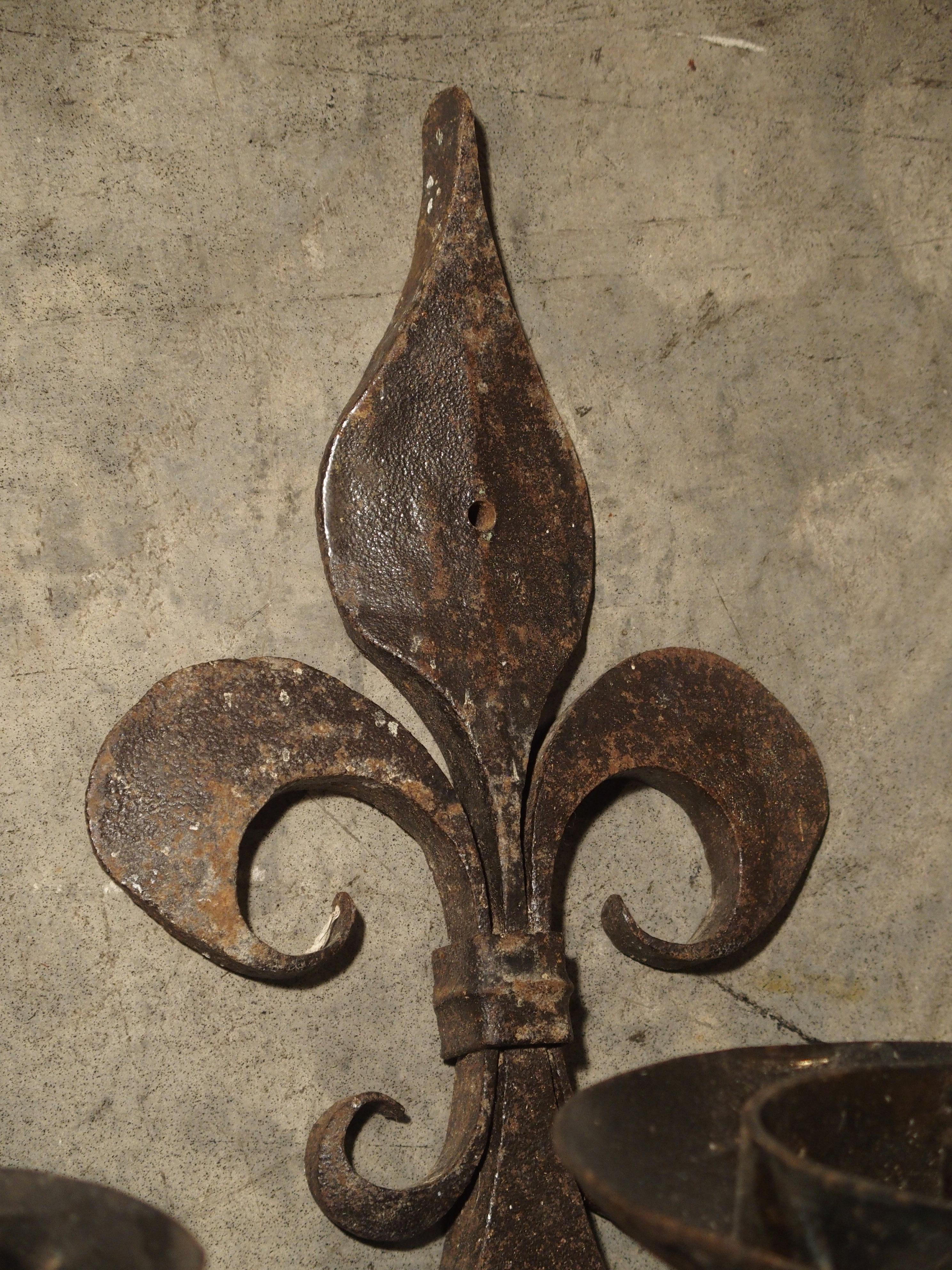 Medieval Set of 3 Antique Forged Iron Sconces from France, circa 1900