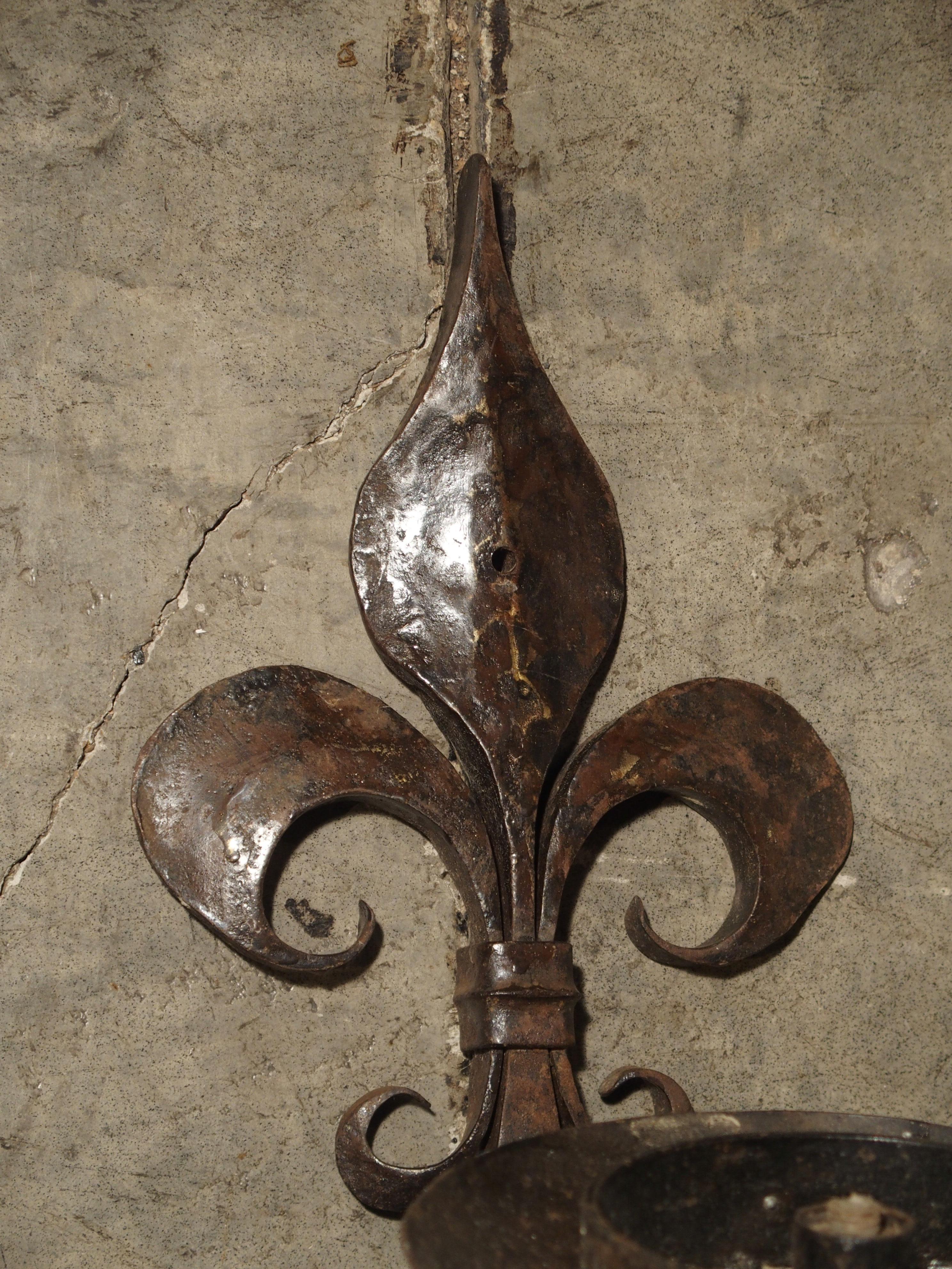 French Set of 3 Antique Forged Iron Sconces from France, circa 1900