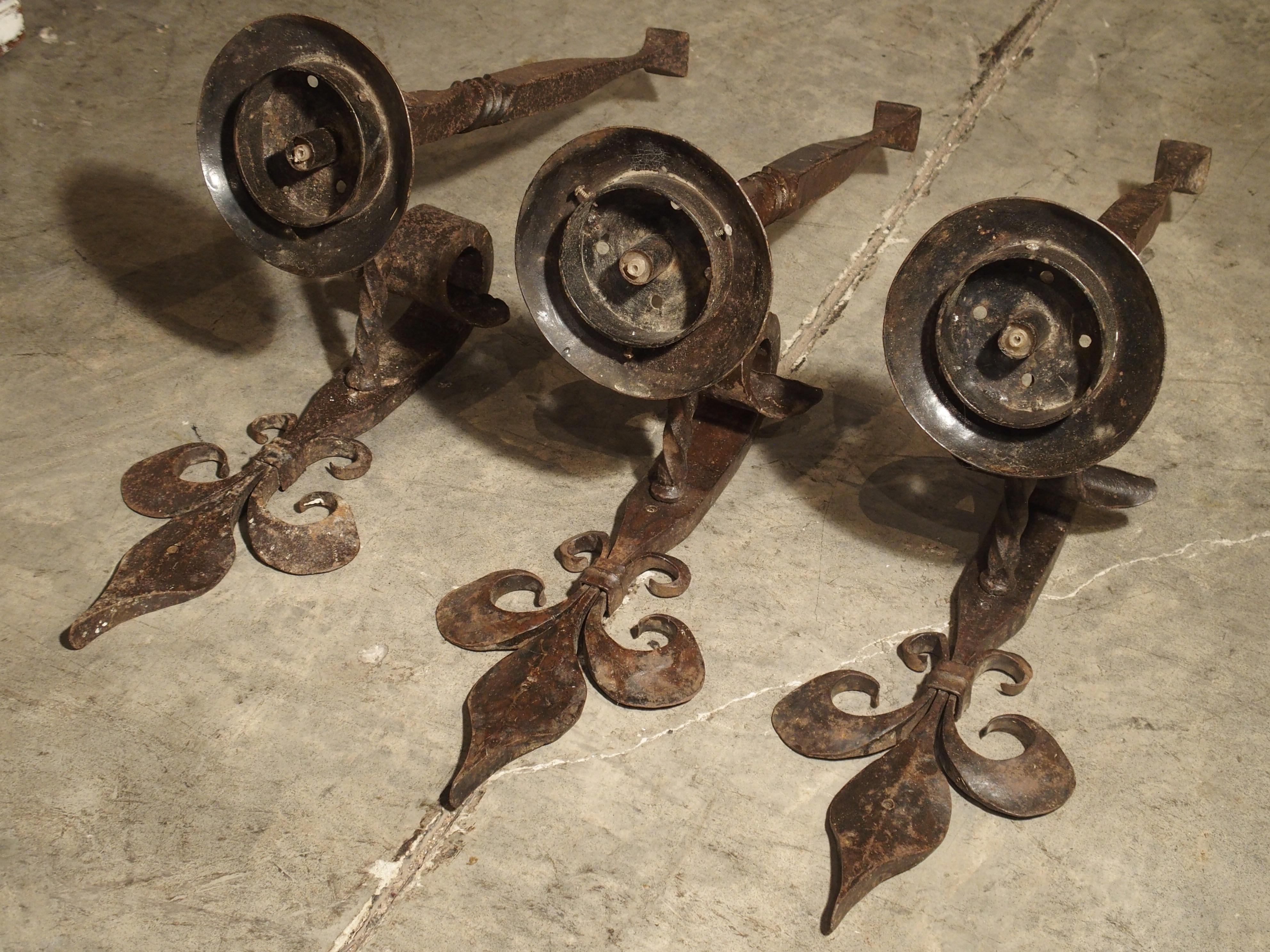 Set of 3 Antique Forged Iron Sconces from France, circa 1900 In Good Condition In Dallas, TX